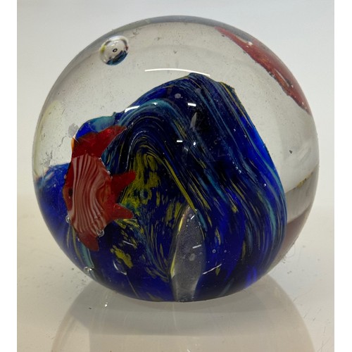 42 - Mid-century designer art glass, Murano,  glass ornamental paper weight tropical fish amongst blue ro... 