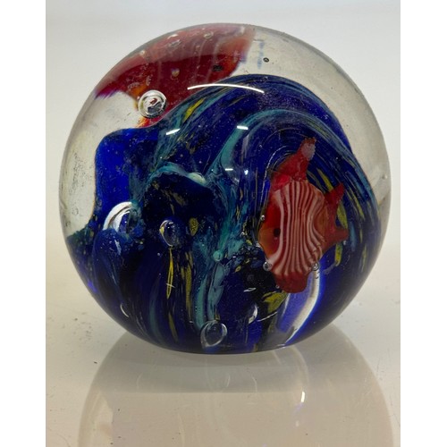 42 - Mid-century designer art glass, Murano,  glass ornamental paper weight tropical fish amongst blue ro... 