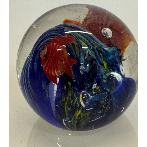 42 - Mid-century designer art glass, Murano,  glass ornamental paper weight tropical fish amongst blue ro... 