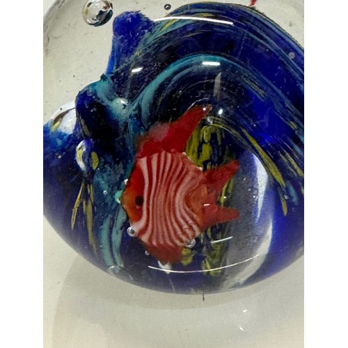 42 - Mid-century designer art glass, Murano,  glass ornamental paper weight tropical fish amongst blue ro... 