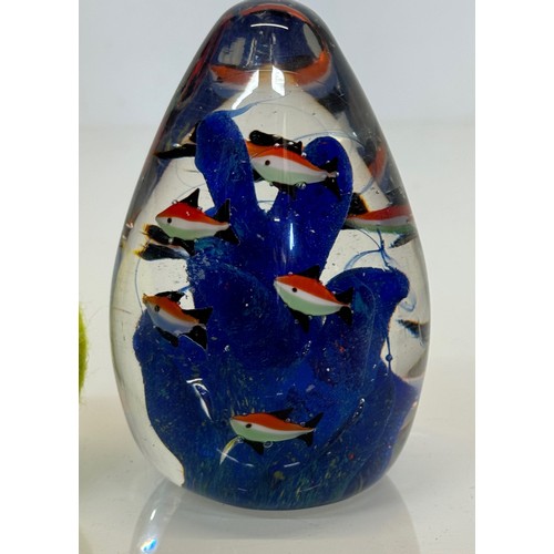 43 - Mid-century designer art glass, Murano, conical shaped glass ornament with tropical fish amongst blu... 