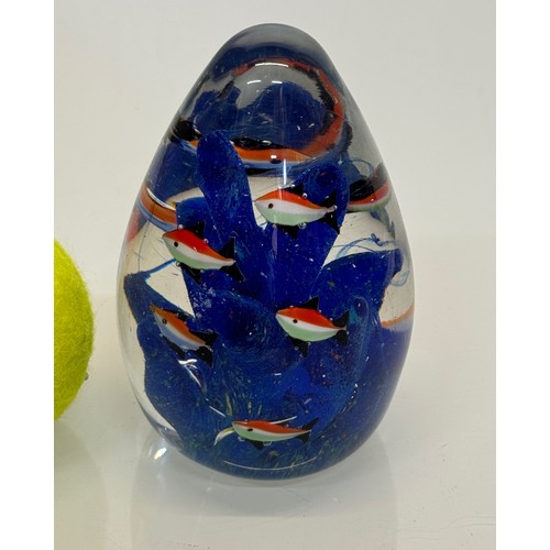 43 - Mid-century designer art glass, Murano, conical shaped glass ornament with tropical fish amongst blu... 