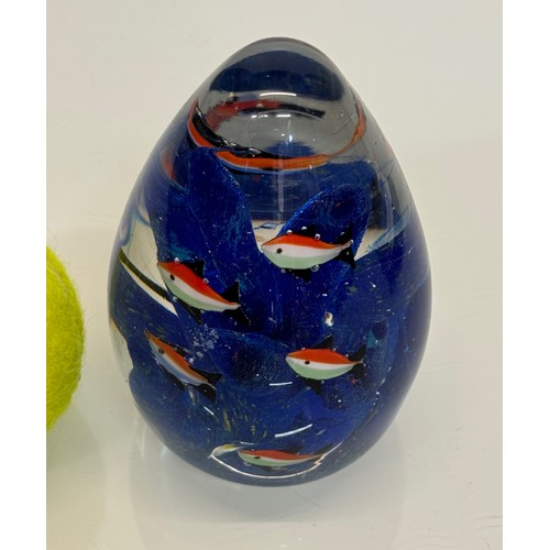 43 - Mid-century designer art glass, Murano, conical shaped glass ornament with tropical fish amongst blu... 