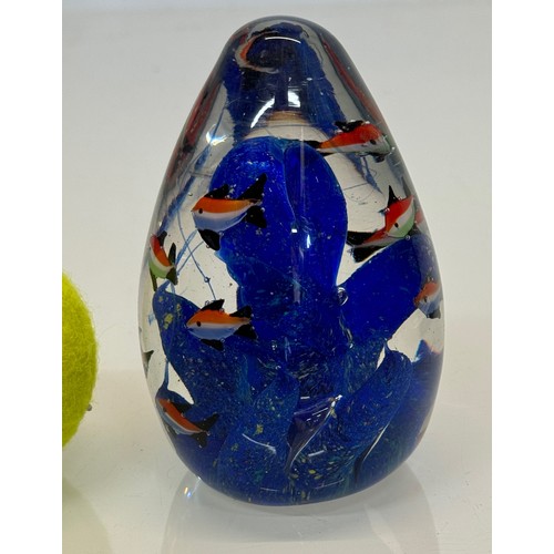 43 - Mid-century designer art glass, Murano, conical shaped glass ornament with tropical fish amongst blu... 