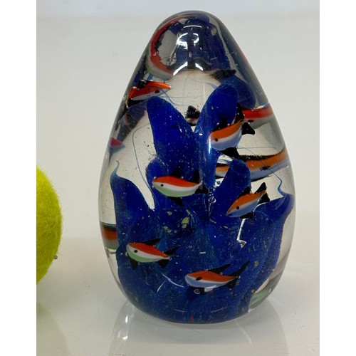 43 - Mid-century designer art glass, Murano, conical shaped glass ornament with tropical fish amongst blu... 