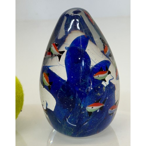 43 - Mid-century designer art glass, Murano, conical shaped glass ornament with tropical fish amongst blu... 