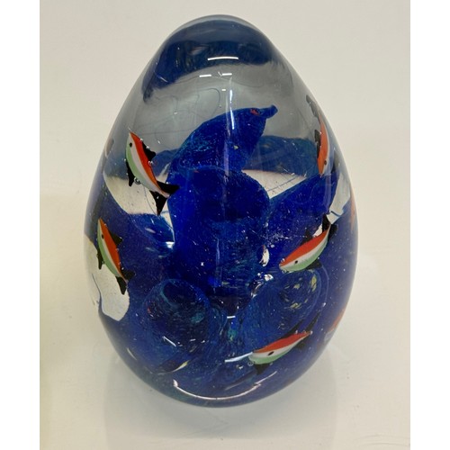 43 - Mid-century designer art glass, Murano, conical shaped glass ornament with tropical fish amongst blu... 