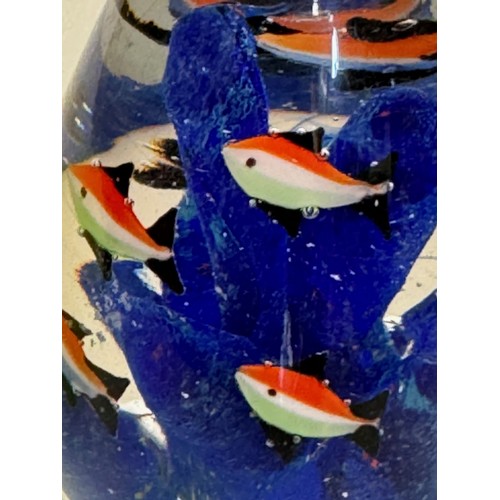 43 - Mid-century designer art glass, Murano, conical shaped glass ornament with tropical fish amongst blu... 