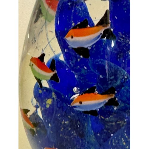 43 - Mid-century designer art glass, Murano, conical shaped glass ornament with tropical fish amongst blu... 