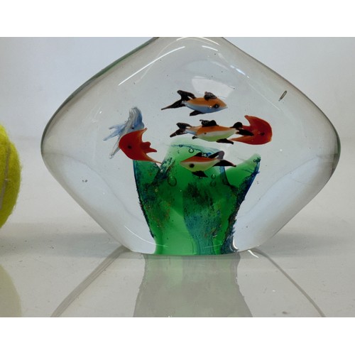 44 - Mid-century designer art glass, Murano,  large glass ornamental piece tropical fish amongst green fl... 