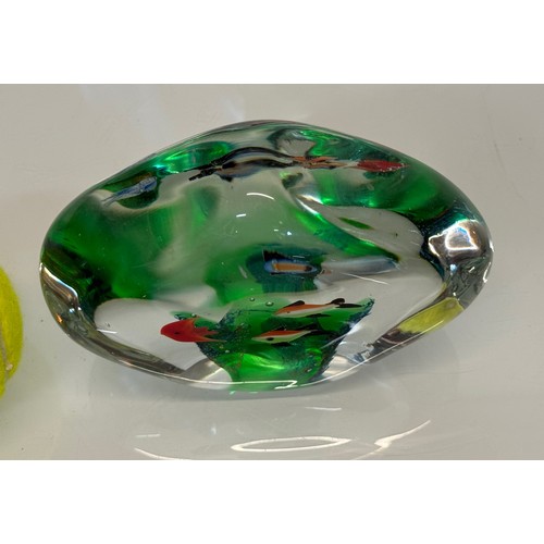 44 - Mid-century designer art glass, Murano,  large glass ornamental piece tropical fish amongst green fl... 