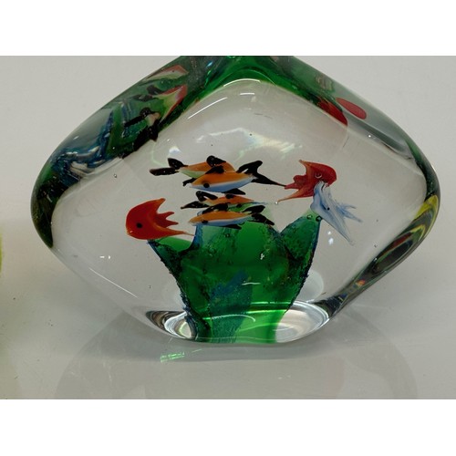 44 - Mid-century designer art glass, Murano,  large glass ornamental piece tropical fish amongst green fl... 