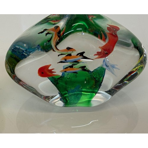 44 - Mid-century designer art glass, Murano,  large glass ornamental piece tropical fish amongst green fl... 