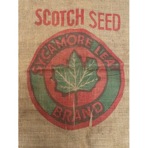 116 - Vintage hessian sack advertising Scotch Seed, Sycamore Leaf Brand, 96 cm x 59 cm.

This lot is avail... 