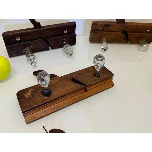 142 - Kitsch hanging rails, repurposed wooden block planes with glass hanging points, each individually mo... 