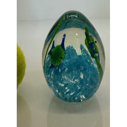 46 - Mid century art glass, an egg shaped Murano glass paperwight with tropical fish over a blue coral. 8... 