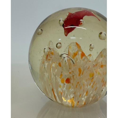 47 - Mid century art glass, a circulaur Murano glass paper weight with a tropical fish theme.  7 cm diame... 