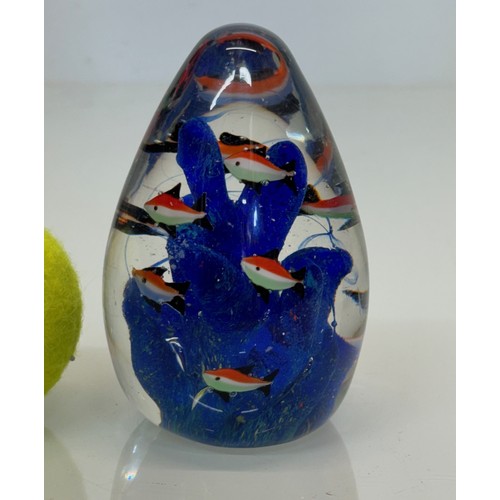 121 - Mid-century designer art glass, Murano, conical shaped glass ornament with tropical fish amongst blu... 