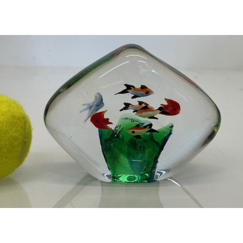 122 - Mid-century designer art glass, Murano,  large glass ornamental piece tropical fish amongst green fl... 