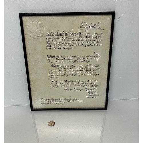 341 - Ephemera, Royal OBE documentation, an Order of the British Empire certificate signed by her majesty ... 