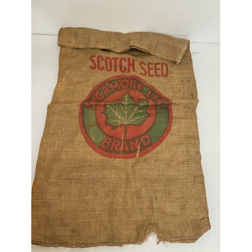 56 - Vintage hessian sack advertising Scotch Seed, Sycamore Leaf Brand, 96 cm x 59 cm.

This lot is avail... 