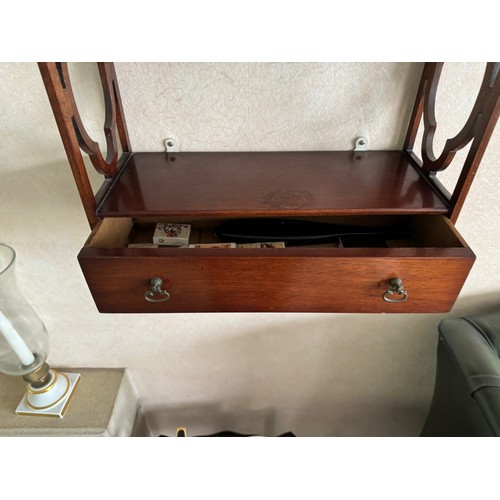 350 - Furniture, Pair of hanging wall shelves with a drawer to the lower section. 16 inches wide.

This lo... 