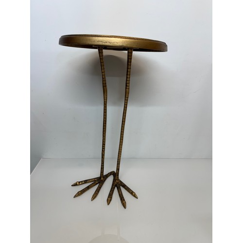 39 - Mid century modern furniture, brass side table raised on a pair of cast birds legs, 33 cm dia x 56 c... 