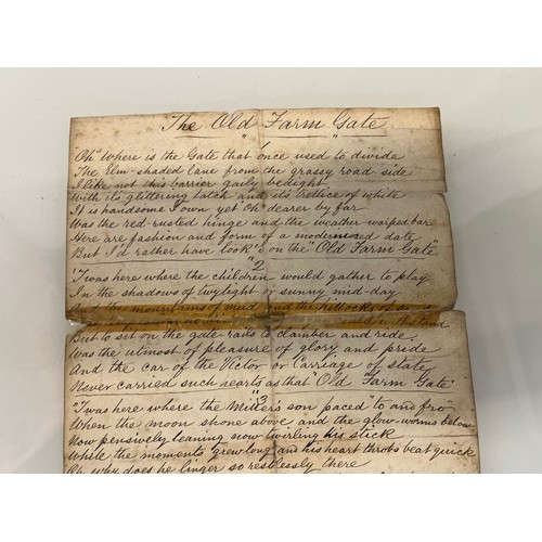 399 - Hand written C19th century poem, a version of Eliza Cook’s The Old Farm Gate with an agents stamp at... 