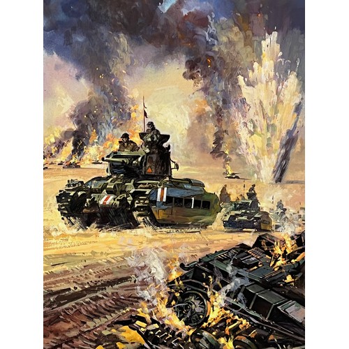 289 - Military book artwork by Doug Post, original gouache on board of a dramatic tank battle scene, 34 cm... 