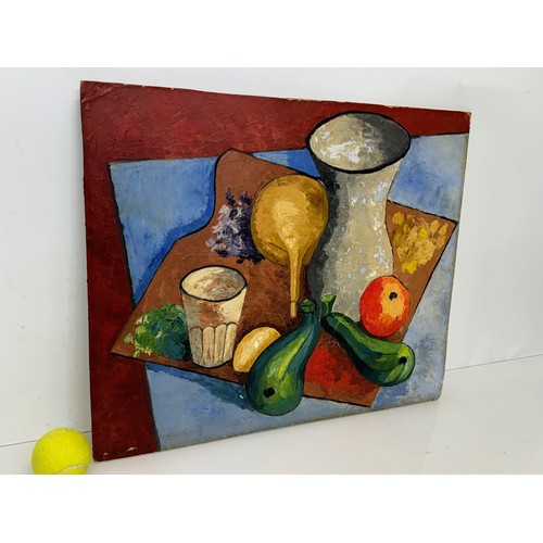 2 - French mid century art, Oil on board still life with fruits and vegetables by Robert Chiazzo, artist... 