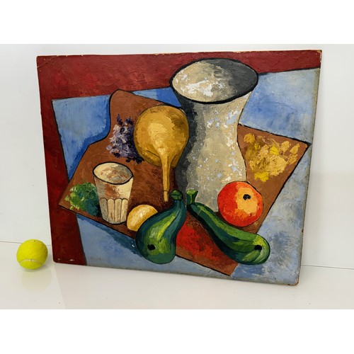 2 - French mid century art, Oil on board still life with fruits and vegetables by Robert Chiazzo, artist... 