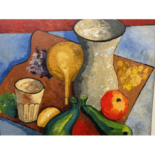 2 - French mid century art, Oil on board still life with fruits and vegetables by Robert Chiazzo, artist... 