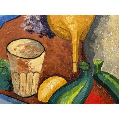 2 - French mid century art, Oil on board still life with fruits and vegetables by Robert Chiazzo, artist... 