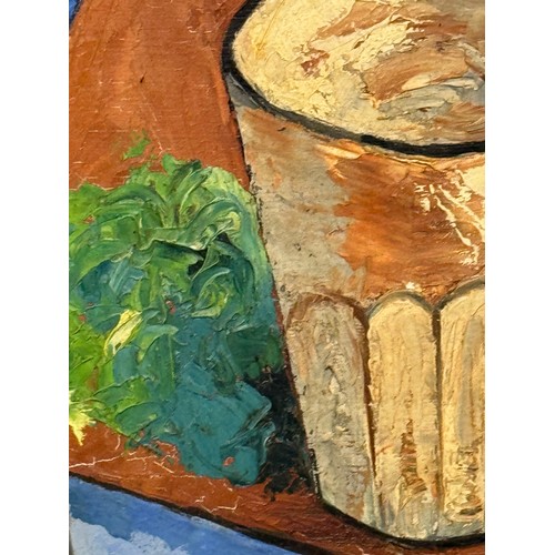 2 - French mid century art, Oil on board still life with fruits and vegetables by Robert Chiazzo, artist... 