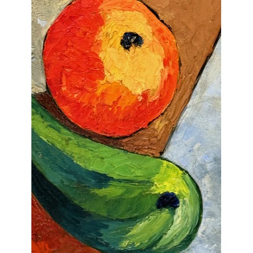 2 - French mid century art, Oil on board still life with fruits and vegetables by Robert Chiazzo, artist... 