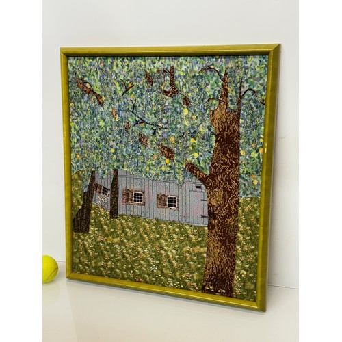 3 - Textile Art, a view of a barn seen through a tree scape, 56 cm x 49 cm.

This lot is available for i... 