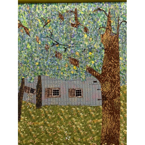 3 - Textile Art, a view of a barn seen through a tree scape, 56 cm x 49 cm.

This lot is available for i... 