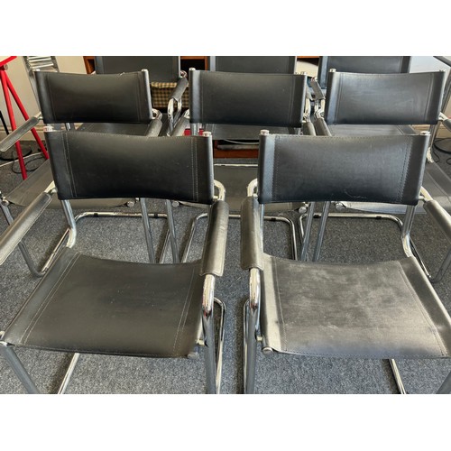 30 - Mid century designer furniture, set of eight chrome framed arm chair with leather upholstery and a t... 