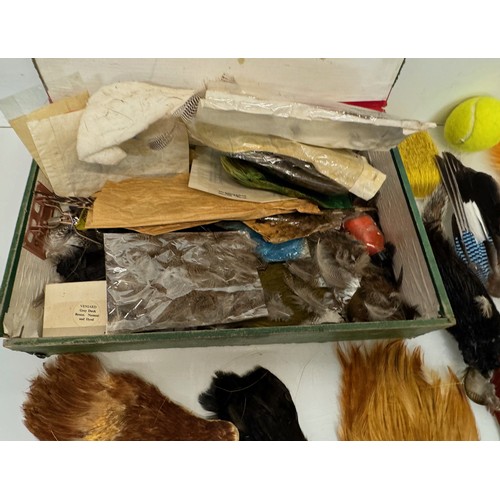 53 - Fly Fishing, angling equipment, taxidermy sections, a collection of fly tying substrates, fur feathe... 