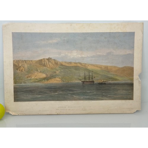 74 - Ephemera, nautical interest, hand coloured C19th print of Napoleonic Wars era Russian Ship, 53.5 cm ... 