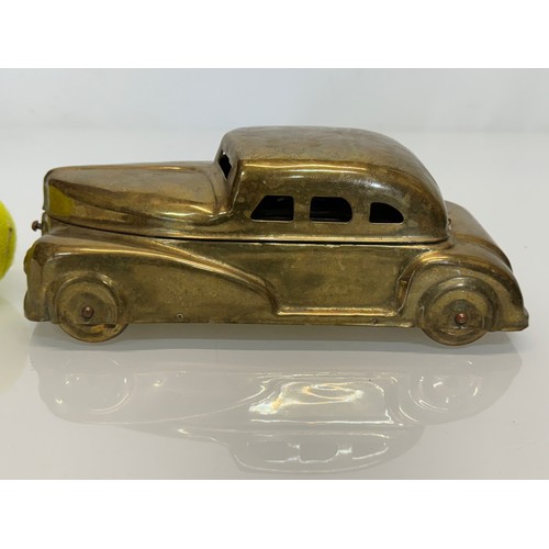 86 - Betel Motor Car, Brass desk top vintage car storage with finely detailed hand decorated floral patte... 