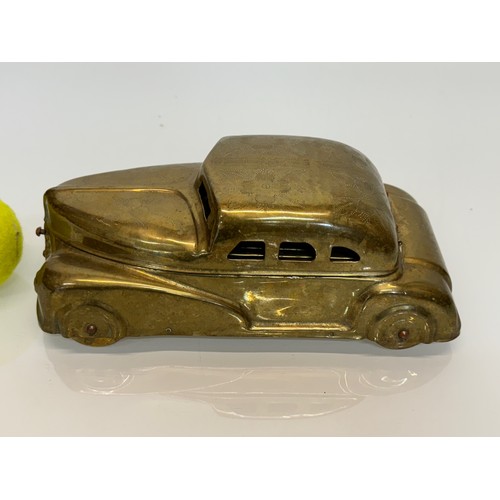 86 - Betel Motor Car, Brass desk top vintage car storage with finely detailed hand decorated floral patte... 