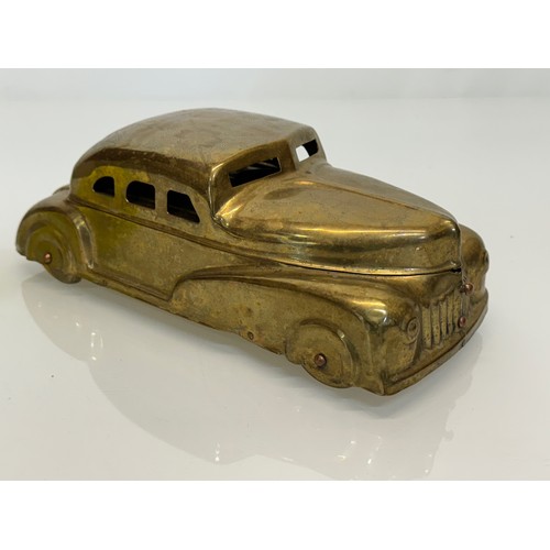 86 - Betel Motor Car, Brass desk top vintage car storage with finely detailed hand decorated floral patte... 