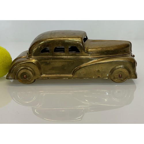 86 - Betel Motor Car, Brass desk top vintage car storage with finely detailed hand decorated floral patte... 