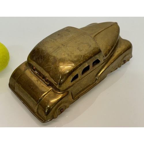 86 - Betel Motor Car, Brass desk top vintage car storage with finely detailed hand decorated floral patte... 