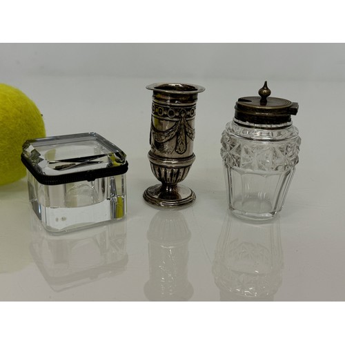 104 - Decorative table wares, ink pot a spill vase and a lidded jar.

This lot is available for in-house s... 