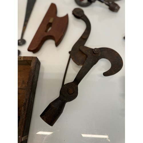 105 - Mixed lot, Clock face, tools, an iron and door fittings.

This lot is available for in-house shippin... 