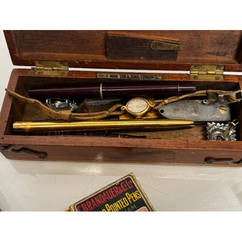 147 - Mixed lot, a mahogany box containing writing instruments and measures, Osmiroid and yard of lead, po... 