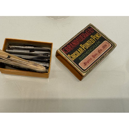 147 - Mixed lot, a mahogany box containing writing instruments and measures, Osmiroid and yard of lead, po... 