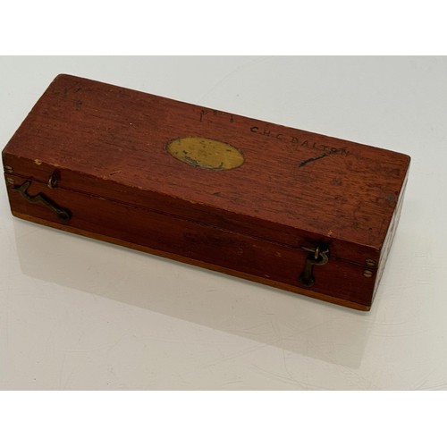 147 - Mixed lot, a mahogany box containing writing instruments and measures, Osmiroid and yard of lead, po... 